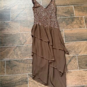 Vintage Chez Monique 100%silk beaded brown asymmetrical evening dress size L Y2K
